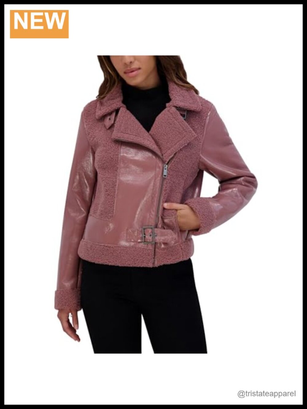 Women's Moto Faux Patent Leather Mixed Media Detail Jacket